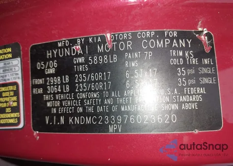 2007 Hyundai Entourage Gls/Limited/Se z USA, uszkodzony, nr VIN KNDMC233976023620